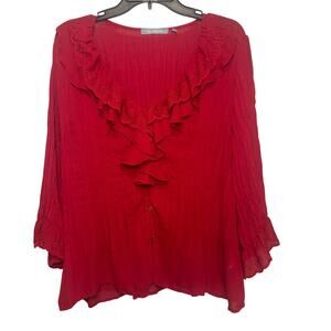 NY Collection Red V-neck Ruffled Blouse with eyelet detailing Size XL